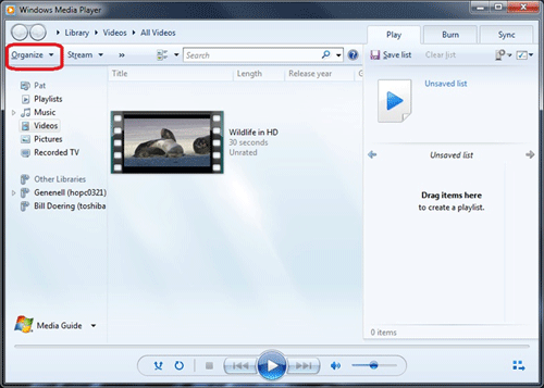 Windows Media Player, Organize